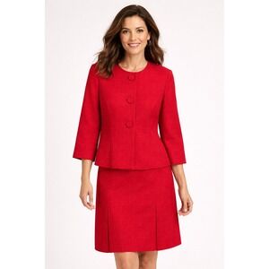 Leslie Fay Women Suit 10 Red Textured Blazer Skirt Suit Set Classic Career Event
